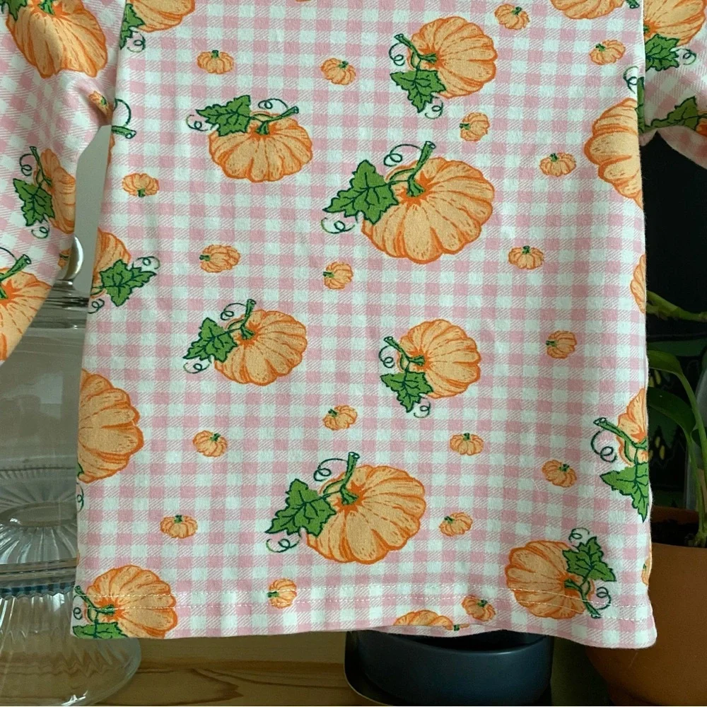 Classic Whimsy Pink Plaid Pumpkin Print Fall Halloween Pajama Set 18 months